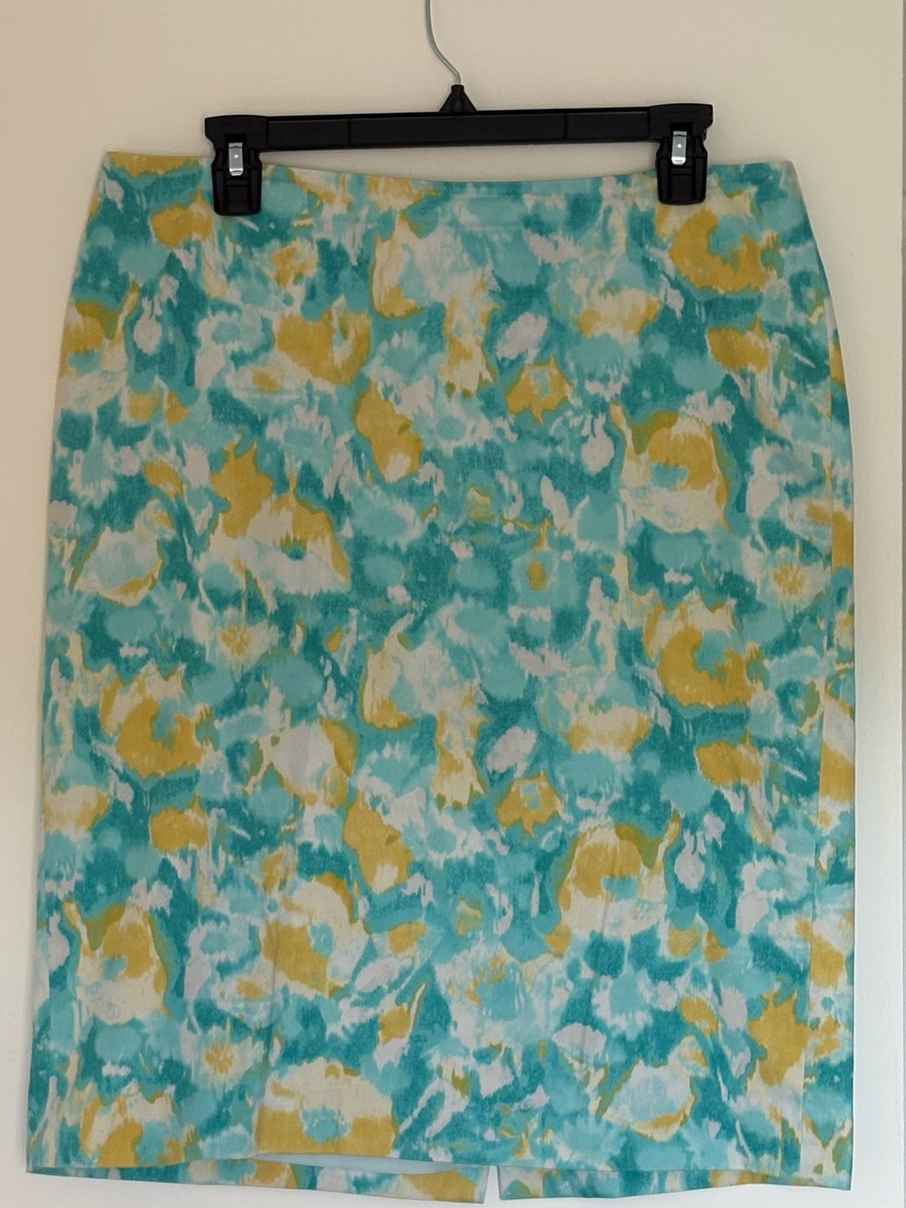 Talbots Watercolor Abstract Floral Pencil Skirt Teal Blue Yellow White Size 10